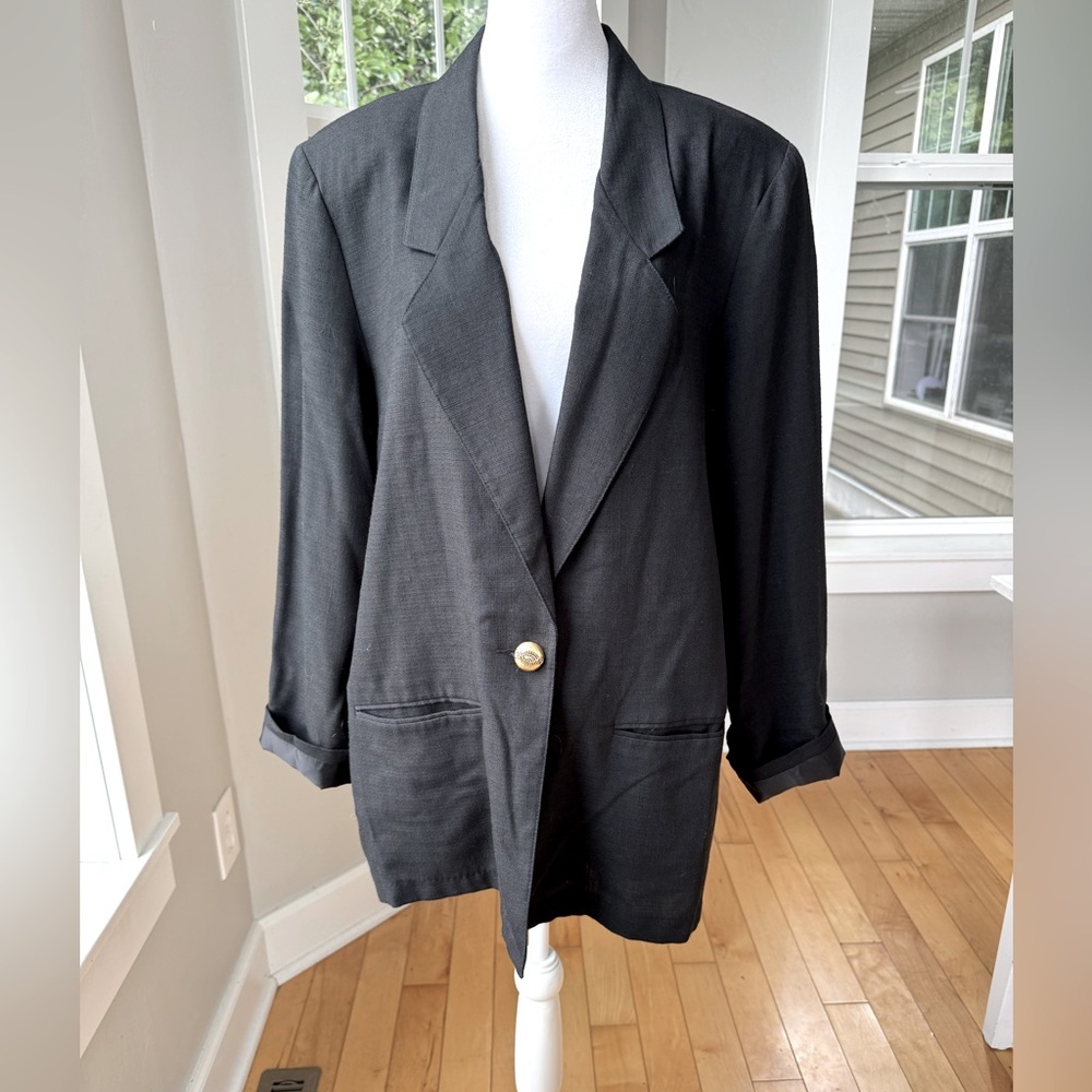 Vintage Sag Harbor Black Oversized Blazer Jacket Gold Decorative Button Sz 14